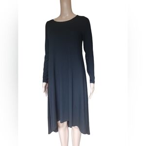 Eileen Fisher Womens Long Sleeved Black High Low Midi Dress Scoop Neck Size XS